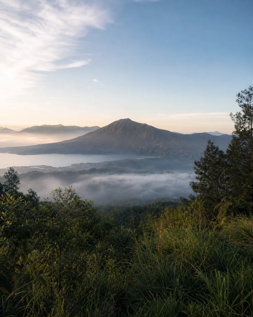 Panoramic view of Mount Batur and caldera lake in Kintamani