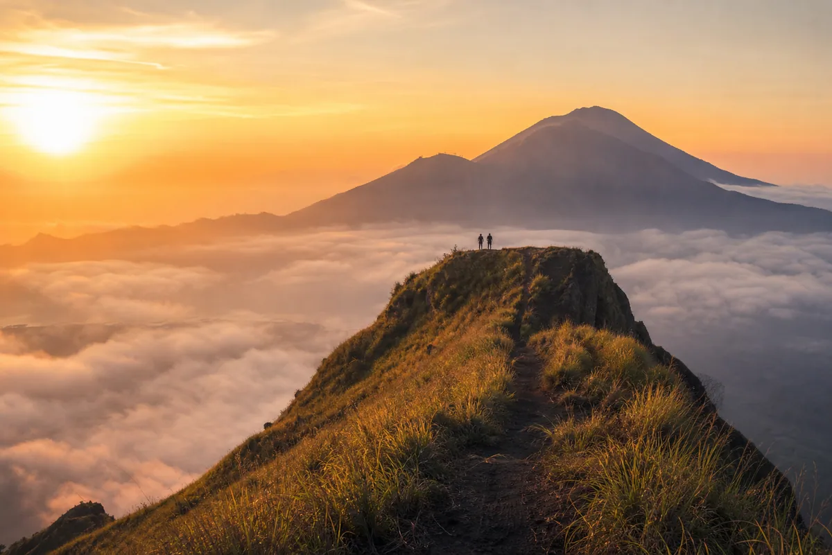 Sunrise trekking on Mount Batur above the clouds