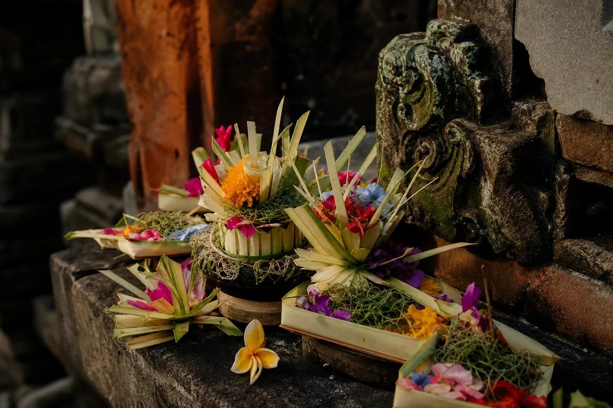 Colorful Balinese offerings arranged on temple stone