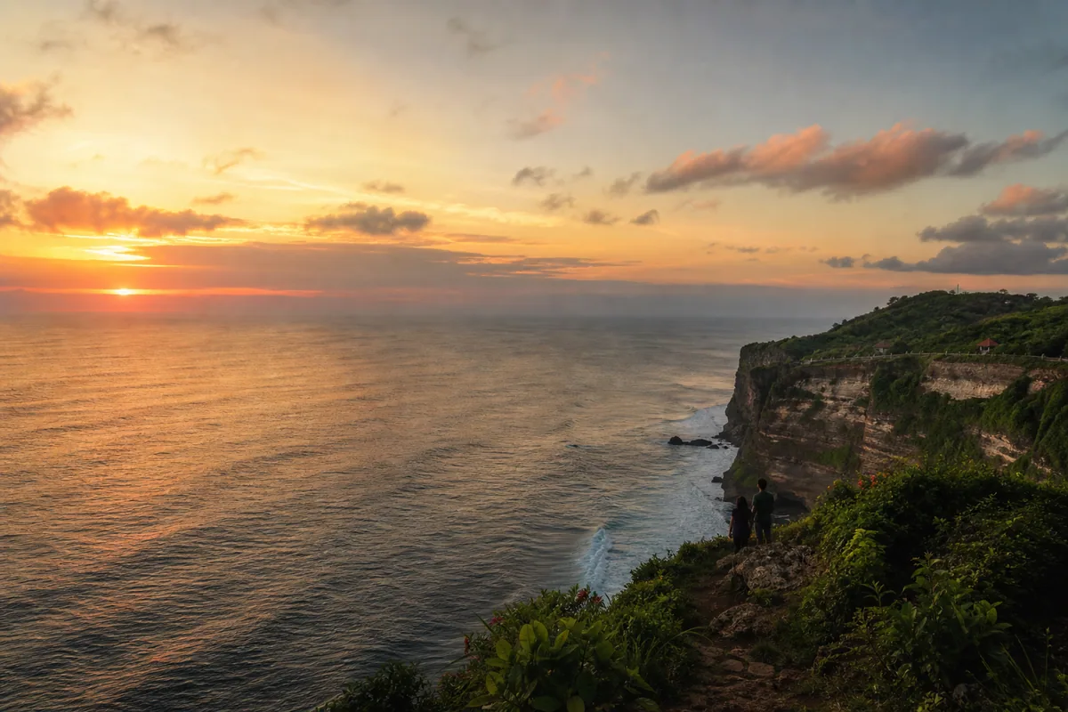 Travelers watching the Bali sunset from a clifftop