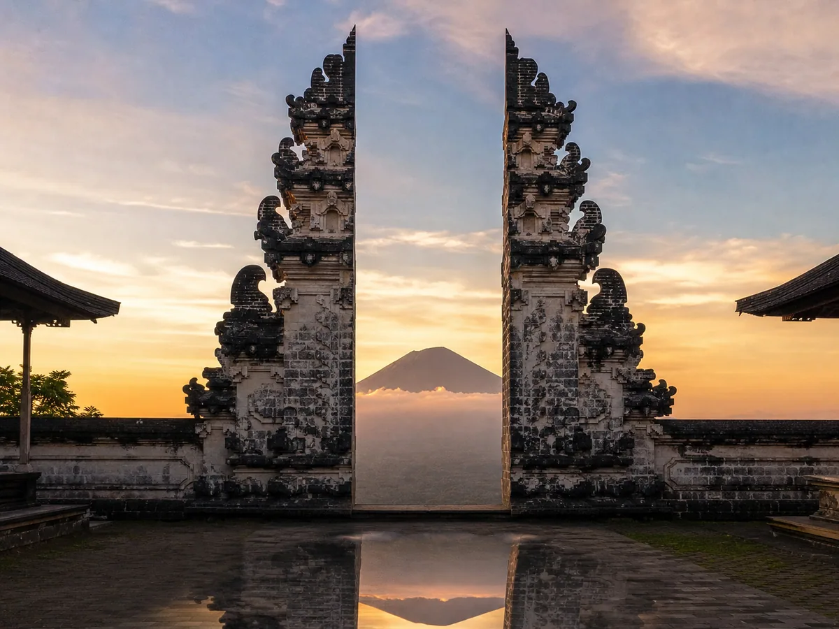 Gates of Heaven at Pura Lempuyang temple reflected in water